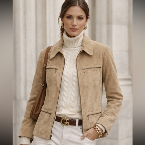 Vintage Jackets & Blazers - Vintage Suede Zip Front Jacket with Zip Pockets, Buff, Cream, Tan, Fully lined M